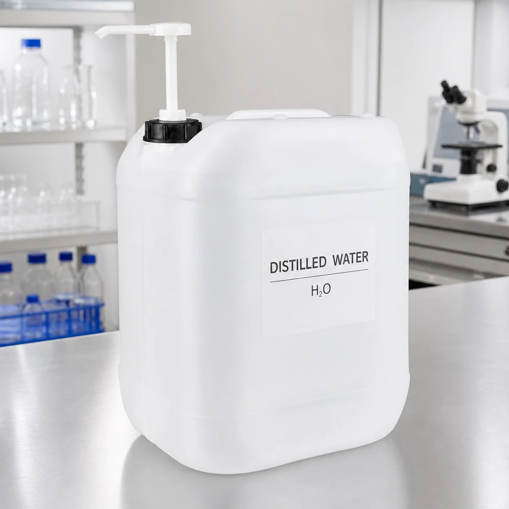 Bidón de laboratorio de 20 litros con bomba, lleno de agua destilada (H₂O), sobre una mesa de acero inoxidable