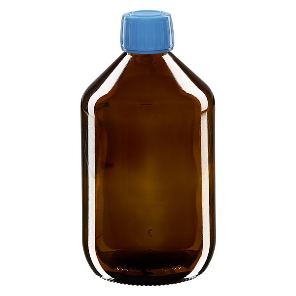 Frasco medicamento 500ml marrón, tapón azul con precinto de seguridad ApoGlas Frasco medicamento 500ml marrón, tapón azul con precinto de seguridad ApoGlas