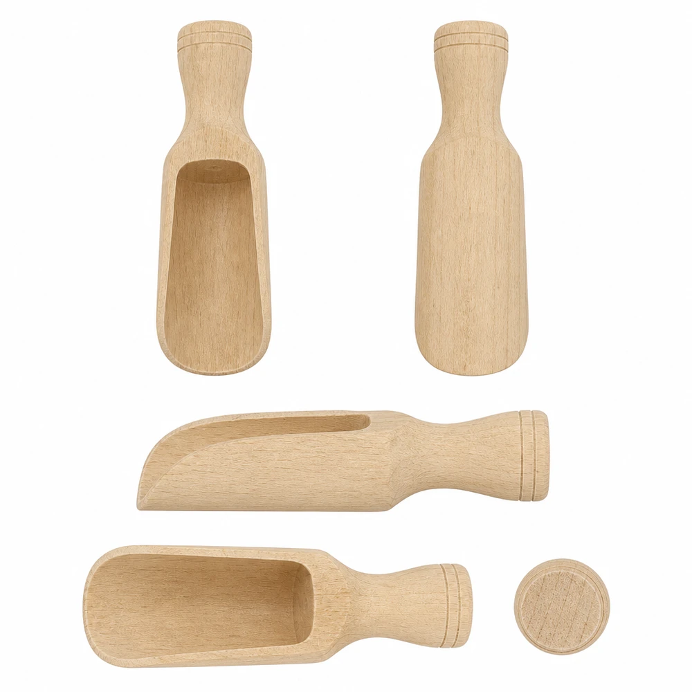 Pala de madera tamaño S forma semicircular - 75mm largo Holzschaufel S aus Buchenholz in verschiedenen Ansichten 360 Grad Produktübersicht handgefertigte Küchenhelfer