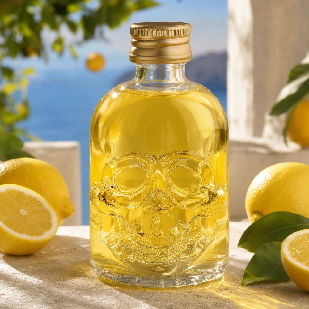 Botella de vidrio de 50 ml «Hector» y tapón de rosca dorado UNiTWIST® Botella de vidrio de calavera Hector de 50 ml con tapón dorado UNiTWIST para bebidas premium
