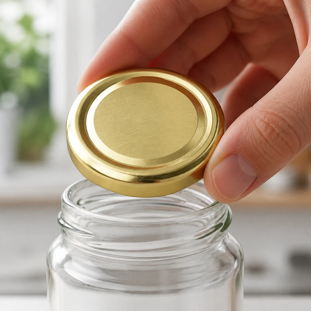 Tapa BasicSeal de 48 mm, color dorado (TO48) UNiTWIST Se coloca a mano la tapa dorada BasicSeal TO48 de 48 mm con cierre UniTwist en un tarro de conserva vacío
