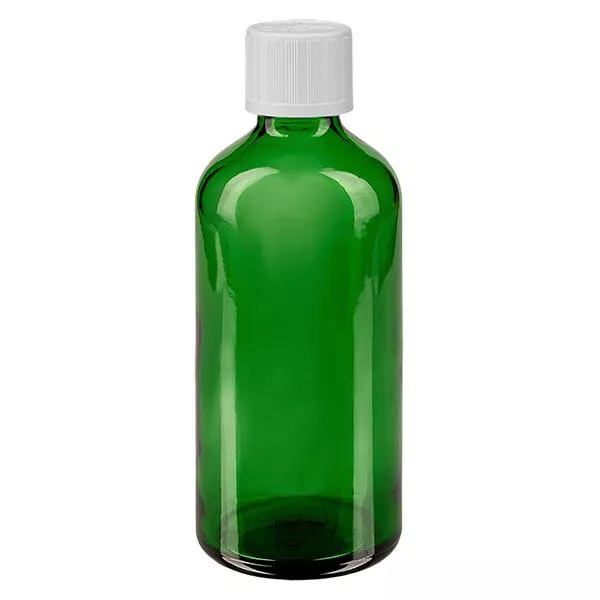 Botella de farmacia verde 100ml tapón cuentagotas blanco a prueba de niños estándar