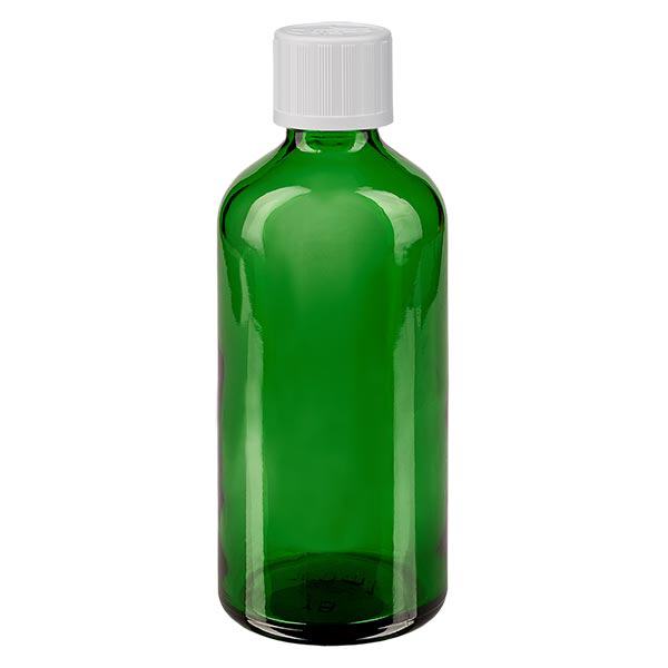 Botella de farmacia verde 100ml tapón cuentagotas blanco a prueba de niños estándar Botella de farmacia verde 100ml tapón cuentagotas blanco a prueba de niños estándar