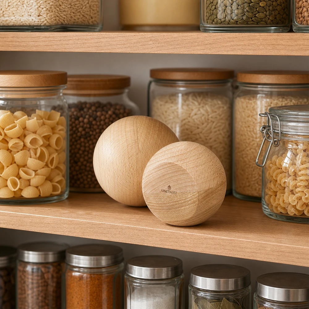 Bolas de madera de haya UNiTWIST en una elegante despensa con tarros WECK: almacenamiento sostenible para la cocina