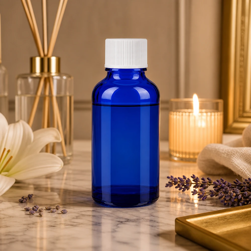Frasco de vidrio BlueLine de 30 ml con protección UV para sustancias fotosensibles y cosméticos naturales