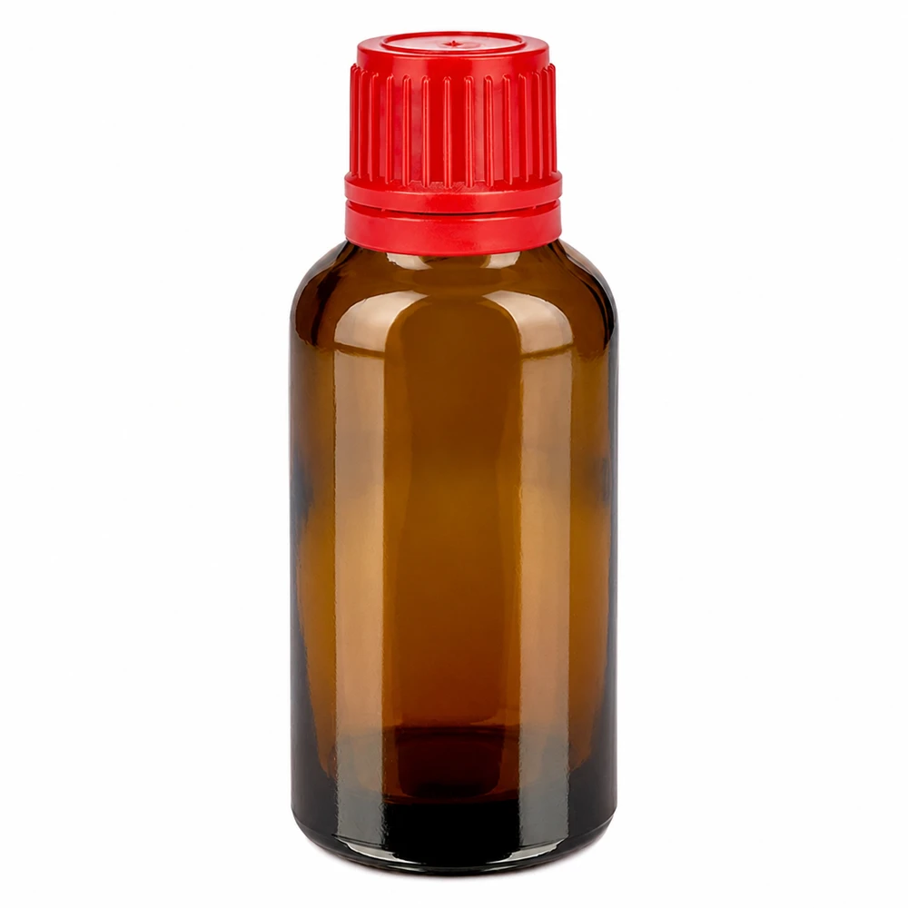 Frasco de vidrio marrón de 30 ml con tapón de rosca rojo para aceites esenciales y tinturas