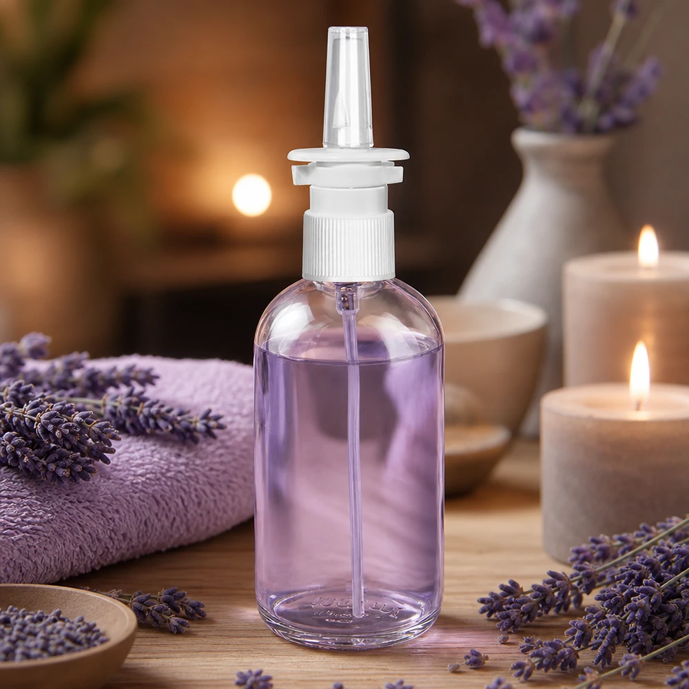 Frasco spray nasal 100ml blanco/transparente cierre estándar ClearLine UT18/100 Frasco de spray nasal ClearLine de 100 ml, lleno de líquido de lavanda morada, en un ambiente de bienestar
