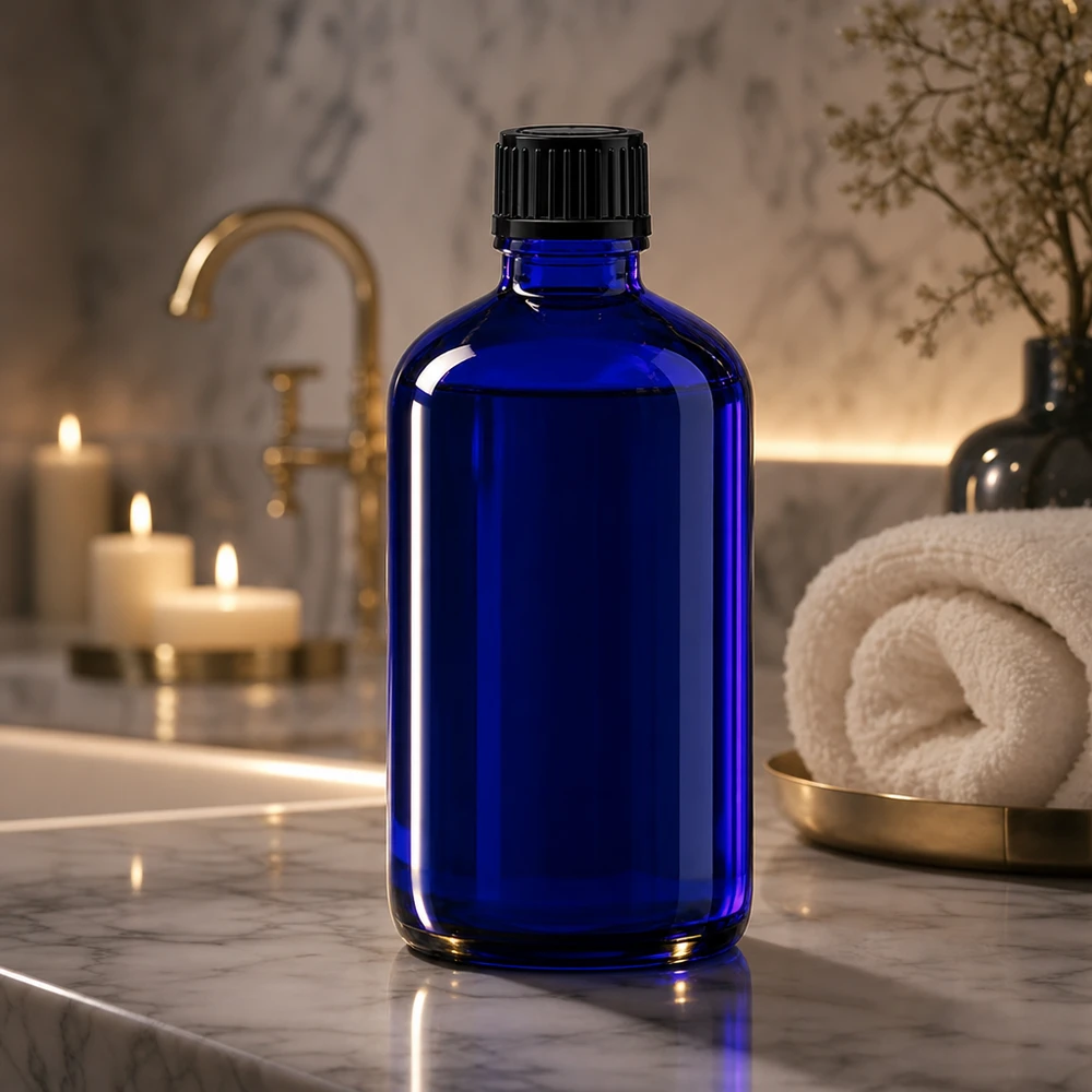Botella de farmacia azul 100ml tapón de rosca negro estándar Botella de cristal azul de 100 ml con tapón de rosca negro sobre mármol blanco en el cuarto de baño