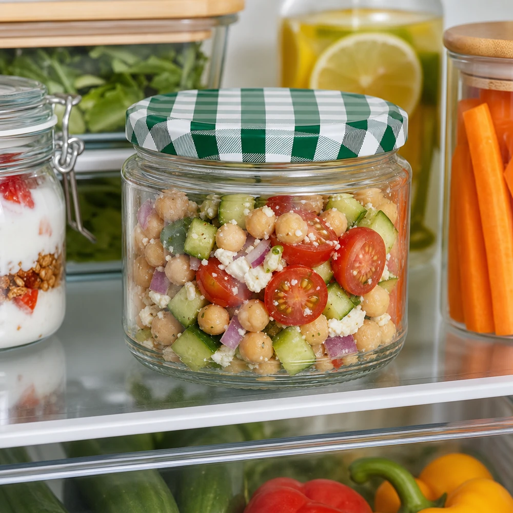 Tarro redondo 330ml + tapa BasicSeal verde/blanco UNiTWIST 330ml Rundglas mit Kichererbsen-Salat im Kühlschrank, grün-weißer BasicSeal Deckel, Meal Prep und Frischhaltung