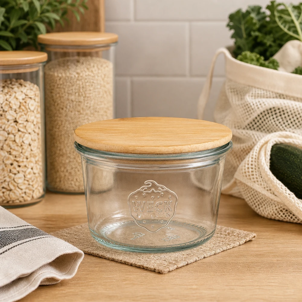 Vasos de 80ml WECK RR60 con tapa de madera WECK vasos 80ml RR60 tapa de madera almacenamiento sostenible en la cocina organización respetuosa con el medio ambiente almacenamiento residuo cero