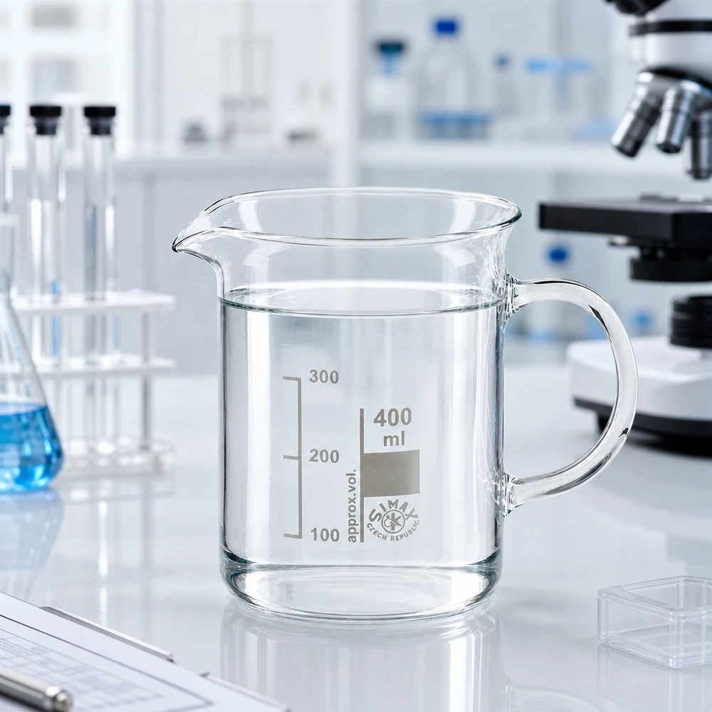Vaso de precipitados transparente de 400 ml con asa en un entorno de laboratorio profesional sobre una encimera blanca