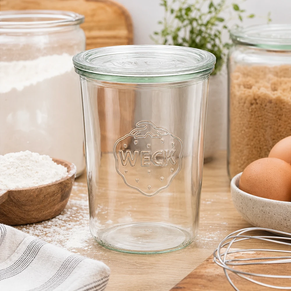 Tarro de cristal de 850 ml con tapa de cristal WECK RR100 WECK tarro de conservas 850ml RR100 en ambiente de cocina con harina huevos y utensilios de cocina tarro de conservas con tapa de cristal
