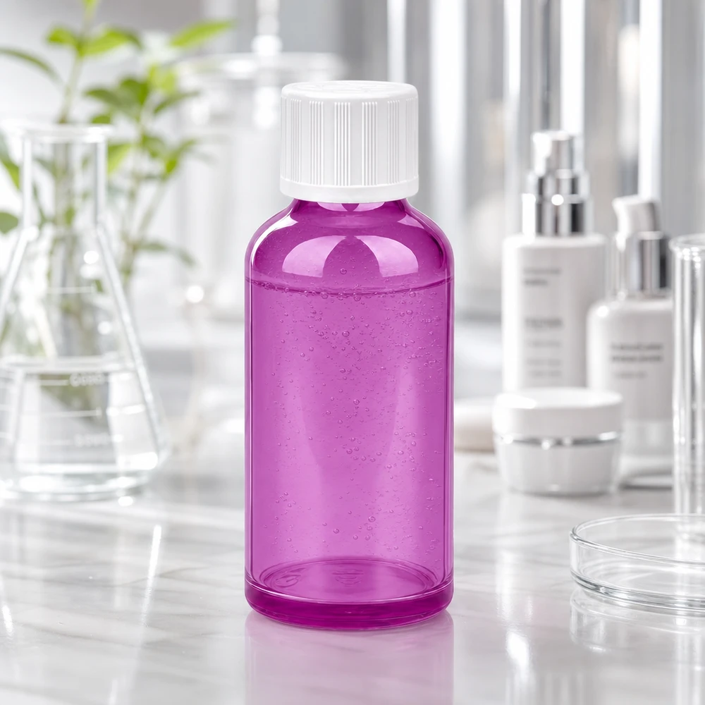 Botella de plástico de 50 ml de alta calidad en color morado transparente con tapón de rosca blanco estriado