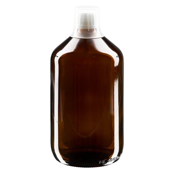 Frasco para medicamentos marrón de 1000 ml, cierre inviolable con vaso dosificador 30 ml ApoGlas Frasco para medicamentos marrón de 1000 ml, cierre inviolable con vaso dosificador 30 ml ApoGlas