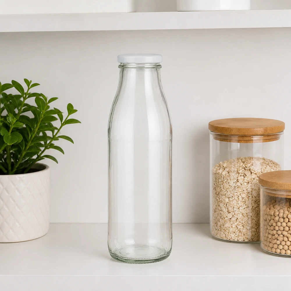 Botella de cristal transparente de 500 ml con tapa BasicSeal blanca sobre encimera de cocina blanca junto a recipientes de almacenamiento