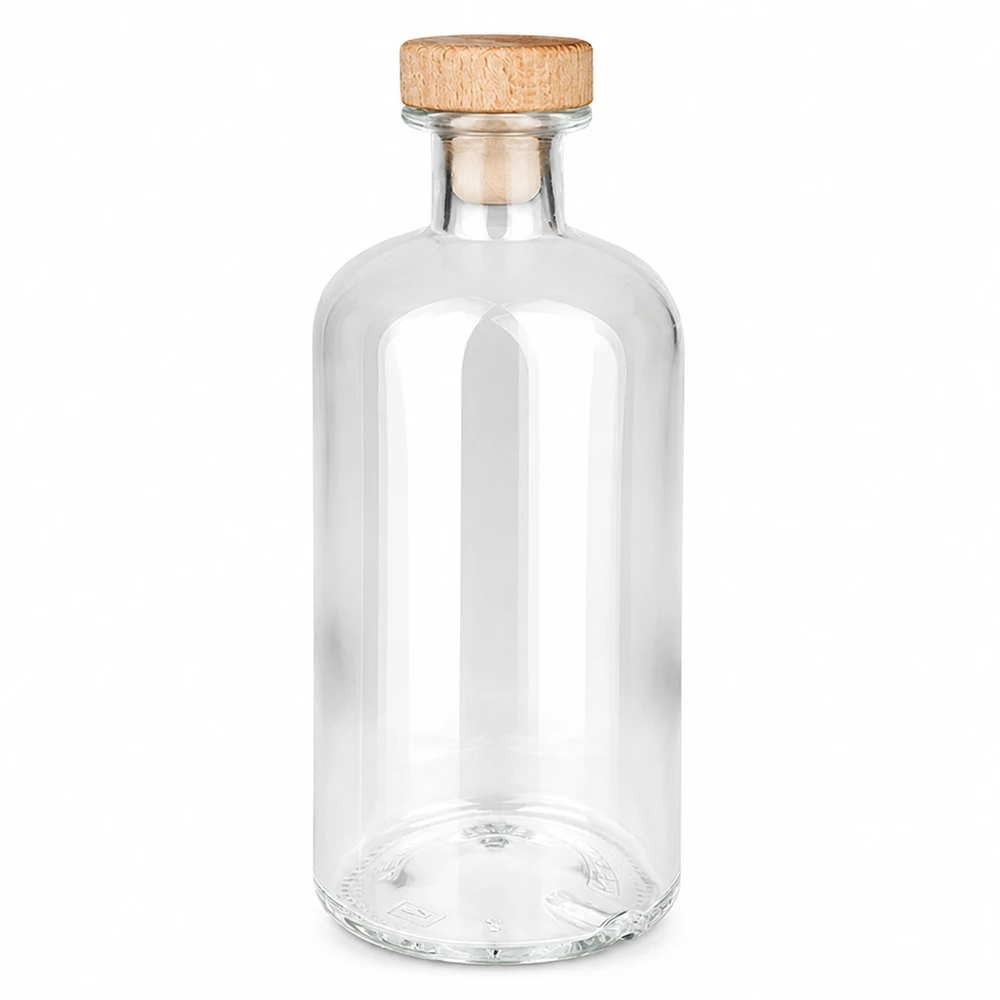 Botella de farmacia de 500 ml «Flora» con tapón de corcho con asa de madera UNiTWIST® Botella de cristal Flora de 500 ml con asa de madera y tapón UNiTWIST transparente vacía sobre fondo blanco