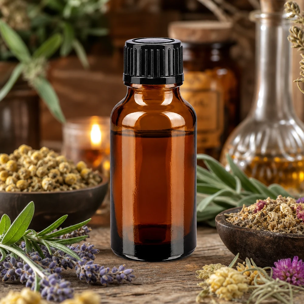 Frasco de farmacia marrón de 20 ml con tapón negro, rodeado de hierbas secas y aceites esenciales