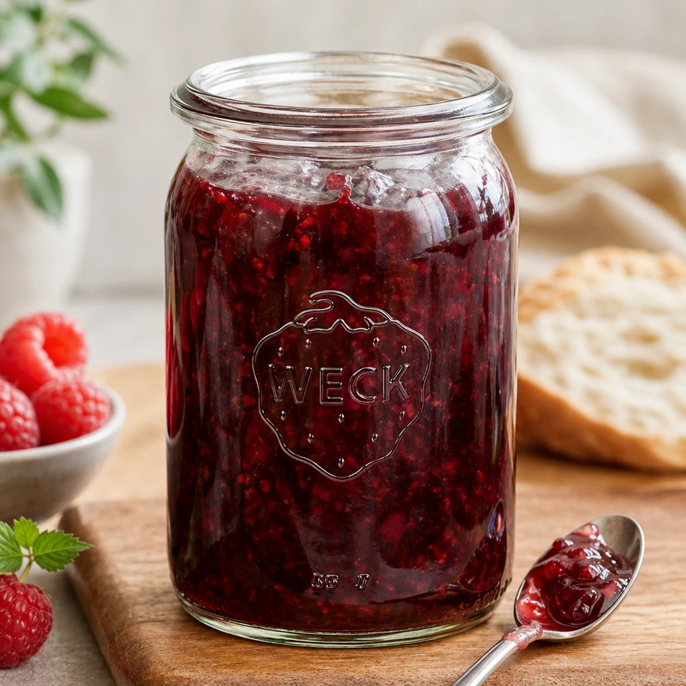 Tarro de conserva WECK RR40 145ml lleno de mermelada roja y cuchara sobre tabla de madera junto a fresas y pan