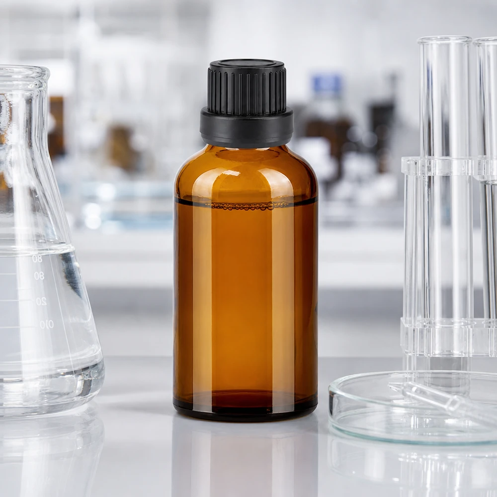Frasco de laboratorio profesional de 50 ml de vidrio ámbar con protección UV y sistema de goteo preciso