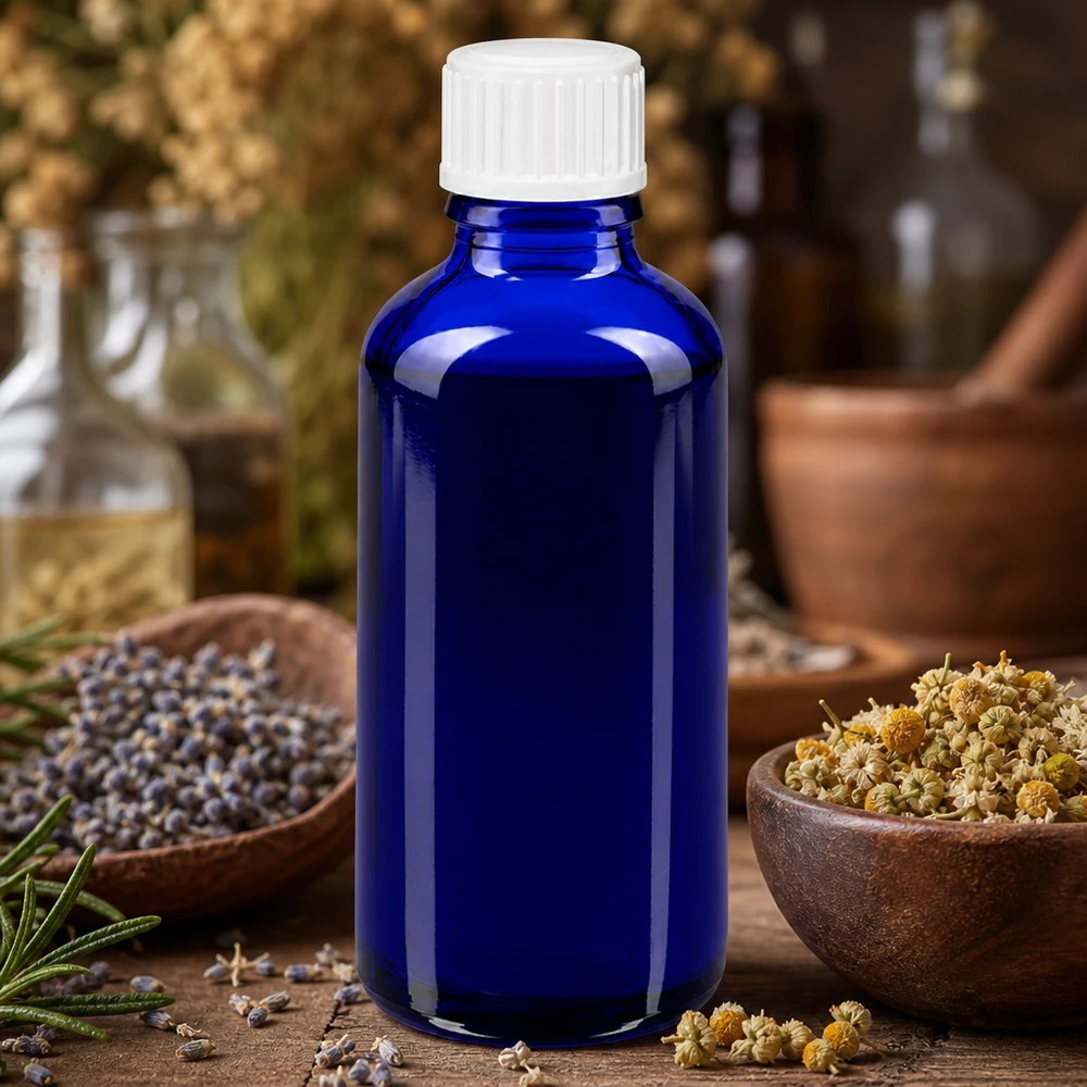 Botella de farmacia azul 50ml tapón de rosca blanco glóbulos estándar Frasco de farmacia azul de 50 ml con tapón de seguridad para niños de color blanco, decorado con flores de manzanilla