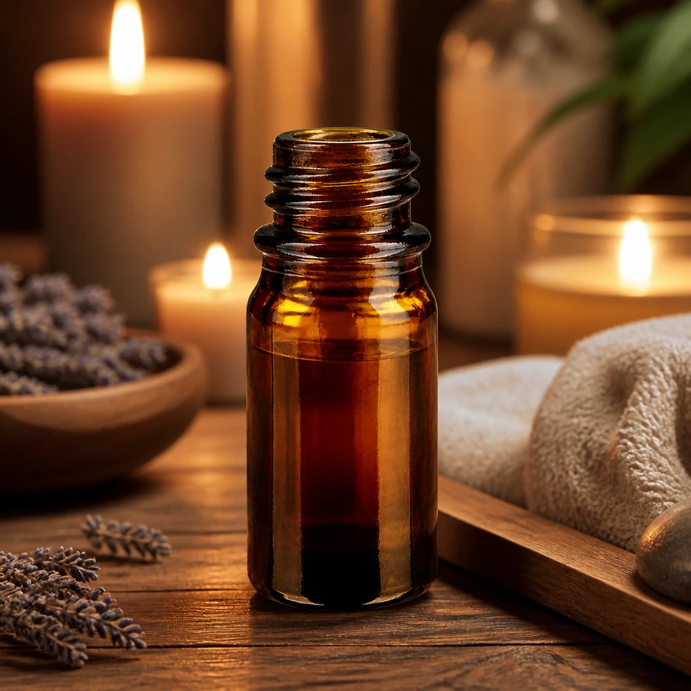 Frasco cuentagotas 5 ml DIN 18 de vidrio ámbar Frasco de farmacia ApoGlas marrón de 5 ml a la cálida luz de las velas con toalla y decoración de spa sobre mesa de madera