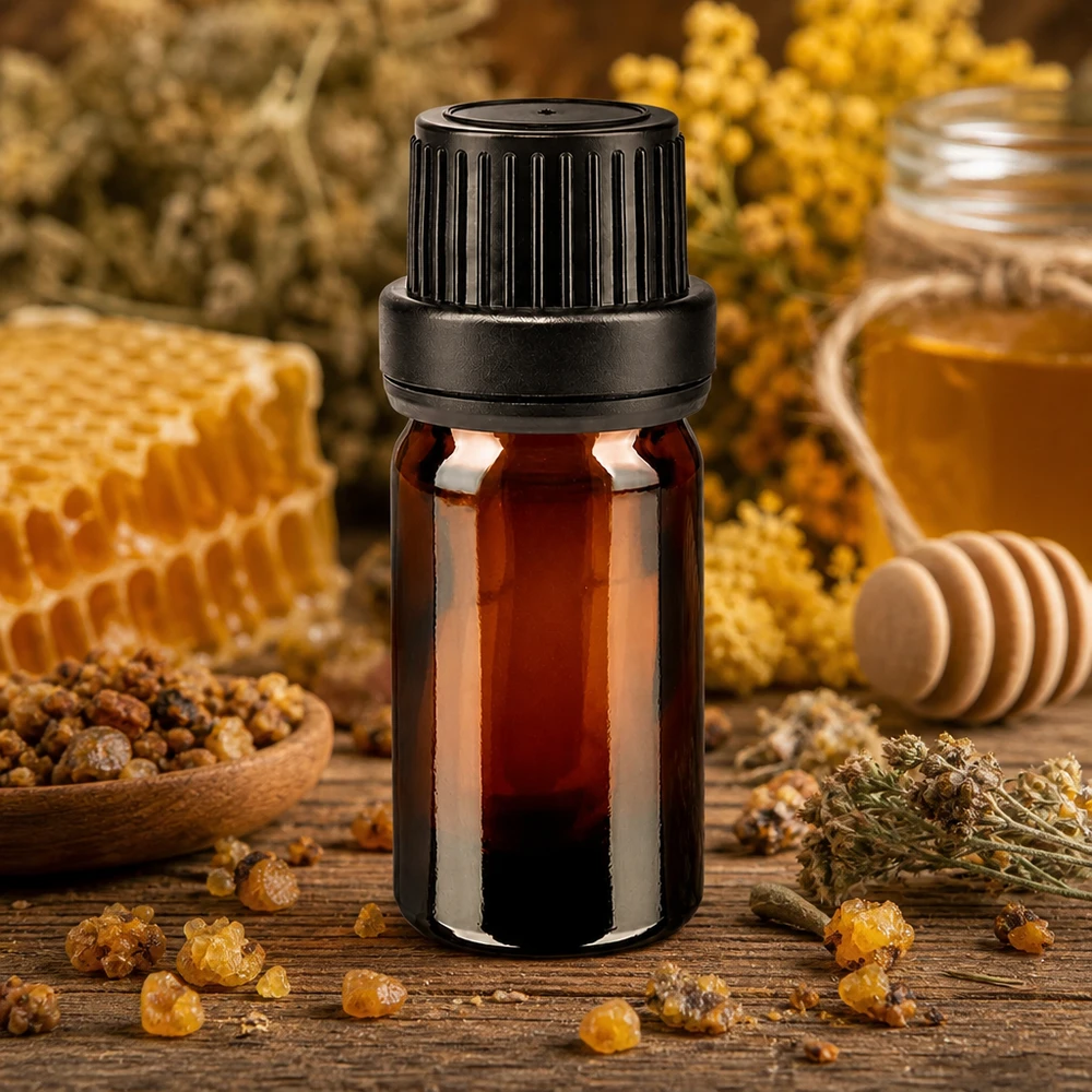 Botella de farmacia marrón 5ml tapón de rosca negro precinto de cierre a prueba de manipulaciones Frasco de farmacia marrón de 5 ml con tapón de rosca negro de 11 mm, rodeado de panales de abeja y hierbas