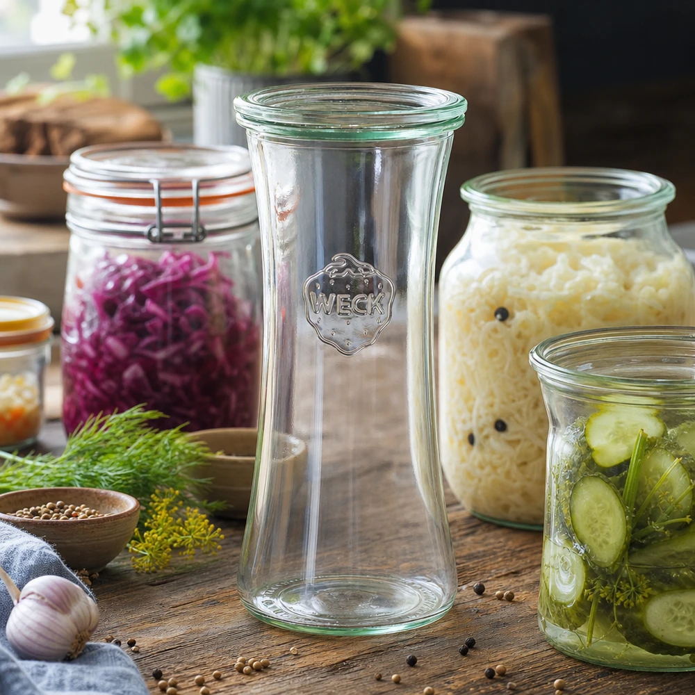 Tarro delicatessen 700ml con tapa de cristal WECK RR80 WECK Delikatessenglas 700ml RR80 umgeben von selbstgemachten Fermentationsprodukten wie Sauerkraut und eingelegten Gurke