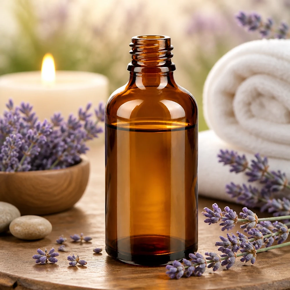 Frasco de farmacia ApoGlas marrón de 50 ml con aromaterapia de lavanda y toallas blancas sobre mesa de madera