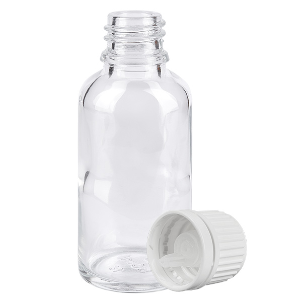 Frasco cuentagotas de 30 ml con tapón inviolable blanco de 0,7 mm ClearLine UT18/30 Frasco cuentagotas de 30 ml con tapón inviolable blanco de 0,7 mm ClearLine UT18/30