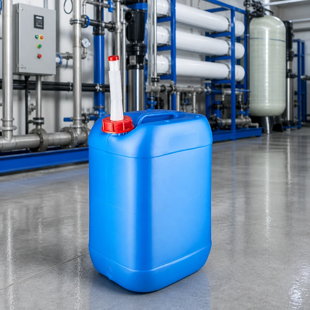 Sistema de tratamiento de agua con un bidón azul de 25 litros y un tubo de salida flexible para productos químicos