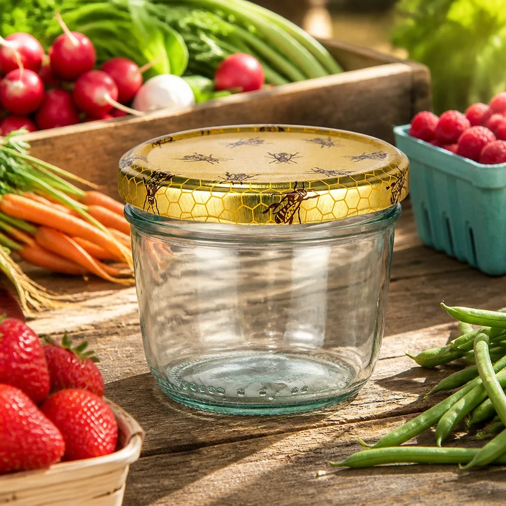 Tarro de cristal de 230 ml + tapa BasicSeal panal UNiTWIST Vasos de 230 ml con tapas de nido de abeja rodeados de frutas y verduras frescas en una mesa de madera rústica