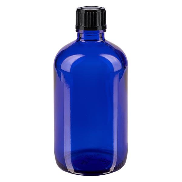 Botella de farmacia azul 100ml tapón cuentagotas 1mm negro estándar Botella de farmacia azul 100ml tapón cuentagotas 1mm negro estándar