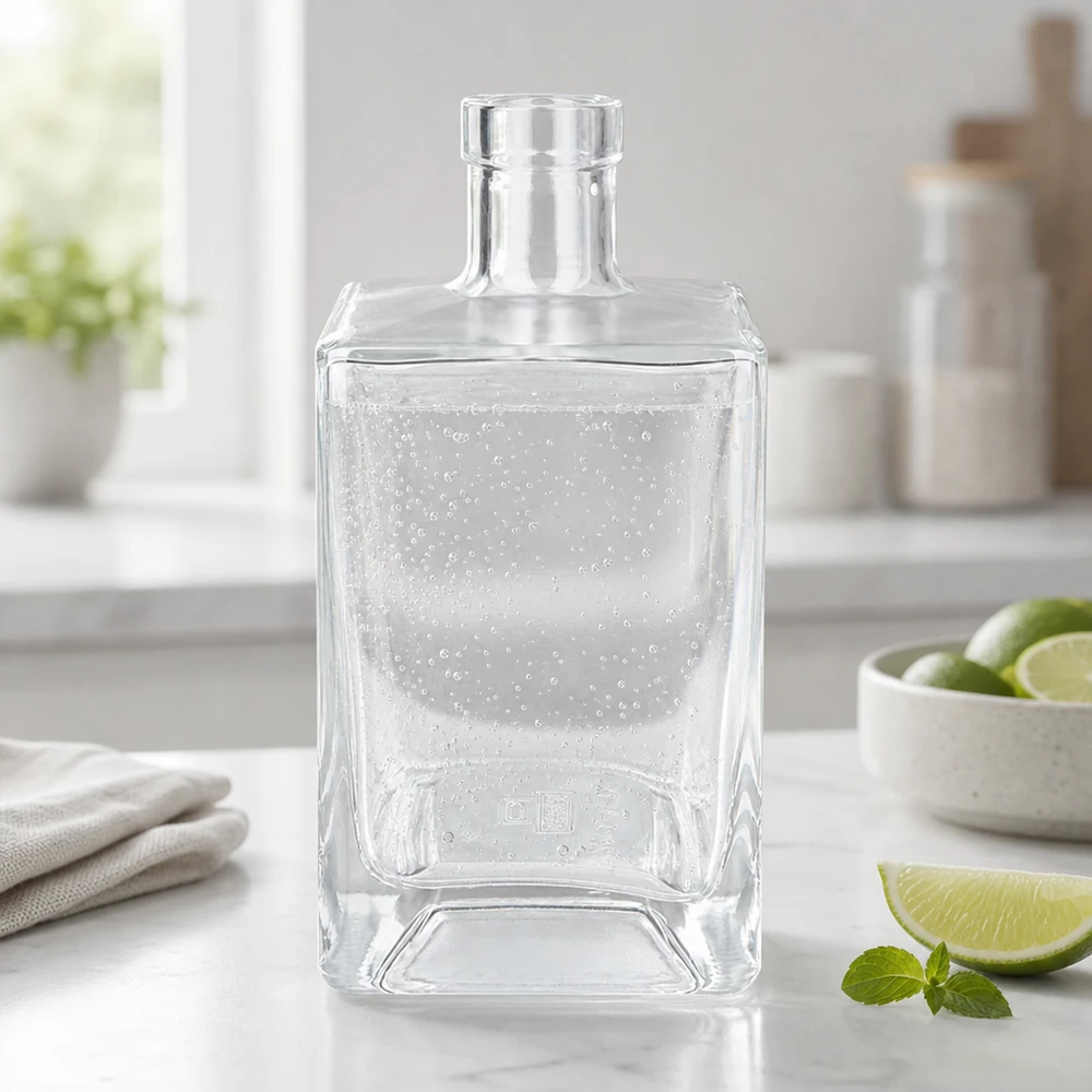 Botella de cristal de 700 ml de Ben llena de agua mineral refrescante en cocinas modernas junto a limas y menta