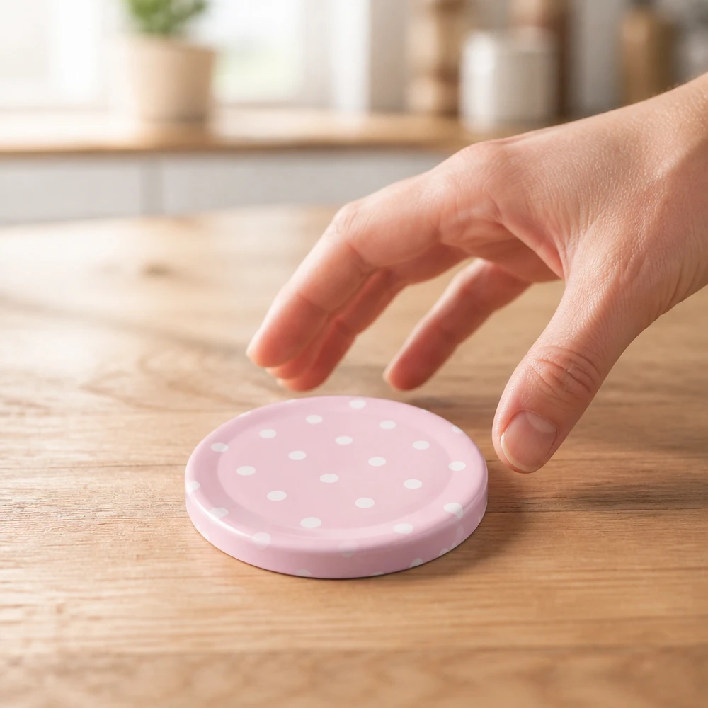 Tapa BasicSeal de 58 mm, puntos rosa mate (TO58) UNiTWIST Mano cogiendo una tapa de rosca rosa de 58 mm con puntos blancos sobre una mesa de madera de cocina UniTwist