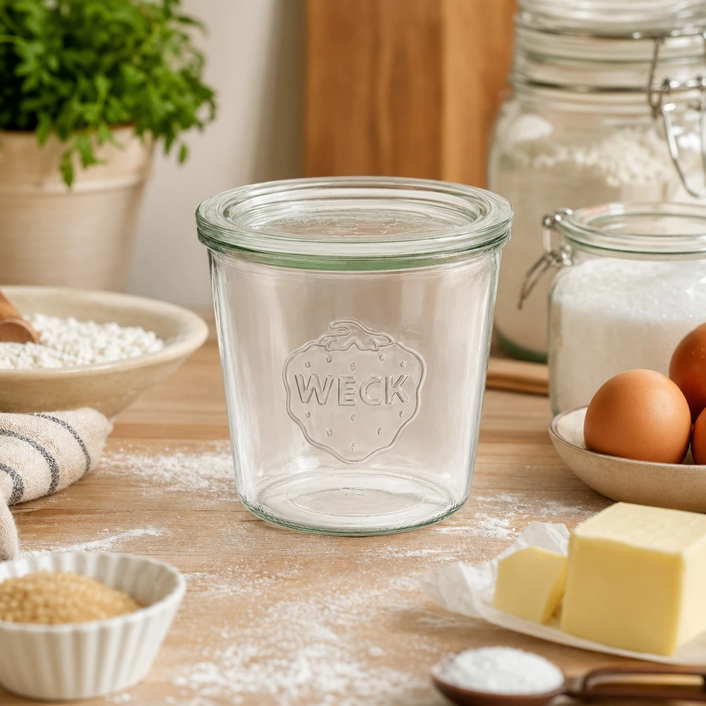Vasos WECK RR100 de 580 ml vacíos sobre encimera de madera entre ingredientes de repostería como harina, huevos y mantequilla en la cocina