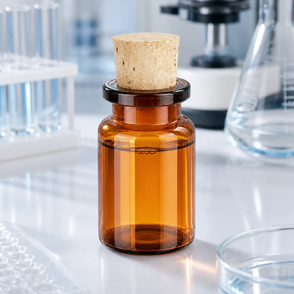 Frasco vidrio ámbar 5ml con tapón 11/14mm Kleine Flasche aus dunkelbraunem Glas mit Stopfen für pharmazeutische Anwendungen