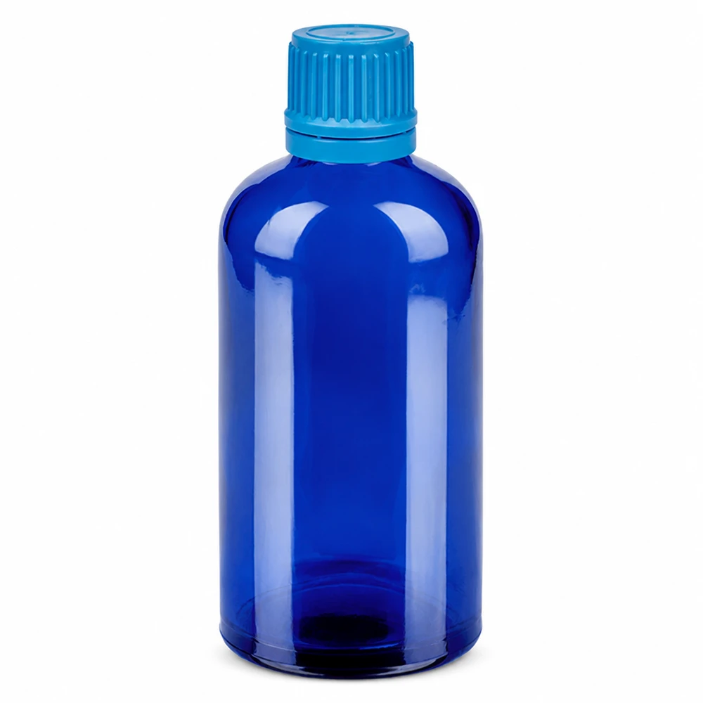 Botella 100ml 11mm tapón rosca azul cierre inviolable BlueLine UT18/100 Frasco de vidrio azul de 100 ml con tapón de rosca para cosméticos y productos farmacéuticos