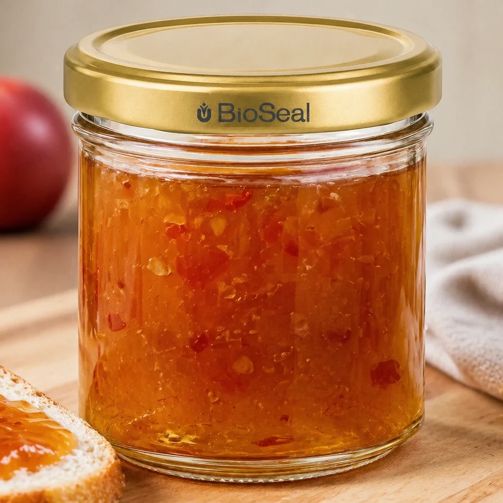 Tarro BioSeal de 200 g lleno de mermelada de albaricoque tapa dorada sobre mesa de madera con tostadas y fruta al fondo