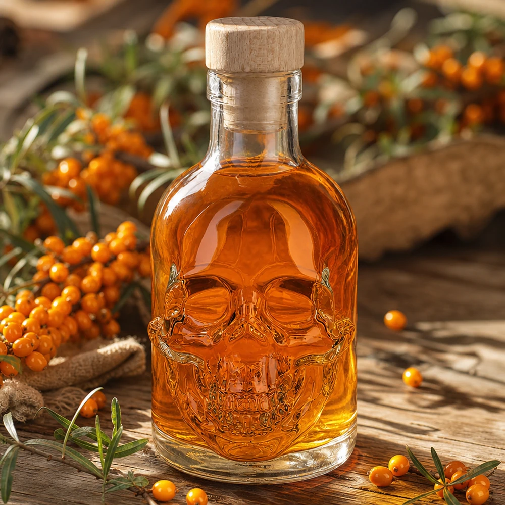 Botella de vidrio de 200 ml «Jack» con tapón de corcho con asa de madera UNiTWIST® Botella de cristal Jack de 200 ml de color ámbar con calavera en relieve entre bayas de espino amarillo sobre una mesa de madera rústica