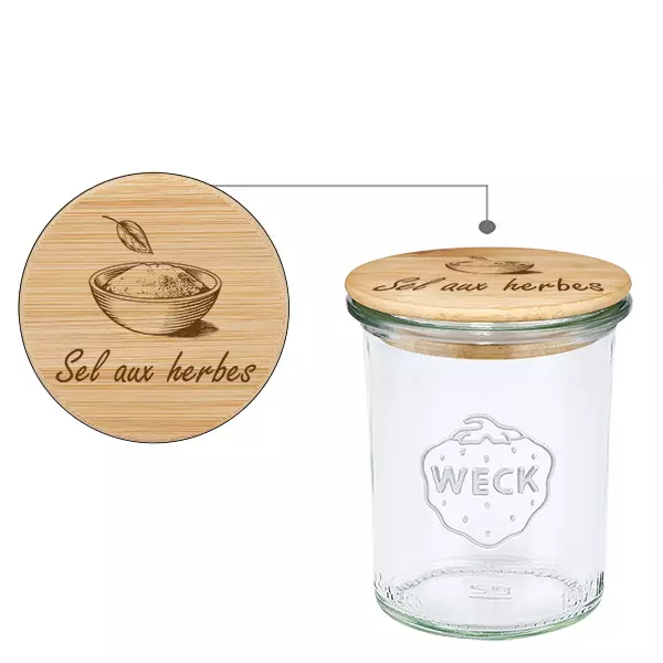 Couvercle en bois "Sel aux herbes" avec WECK verre renversé Couvercle en bois "Sel aux herbes" avec WECK verre renversé