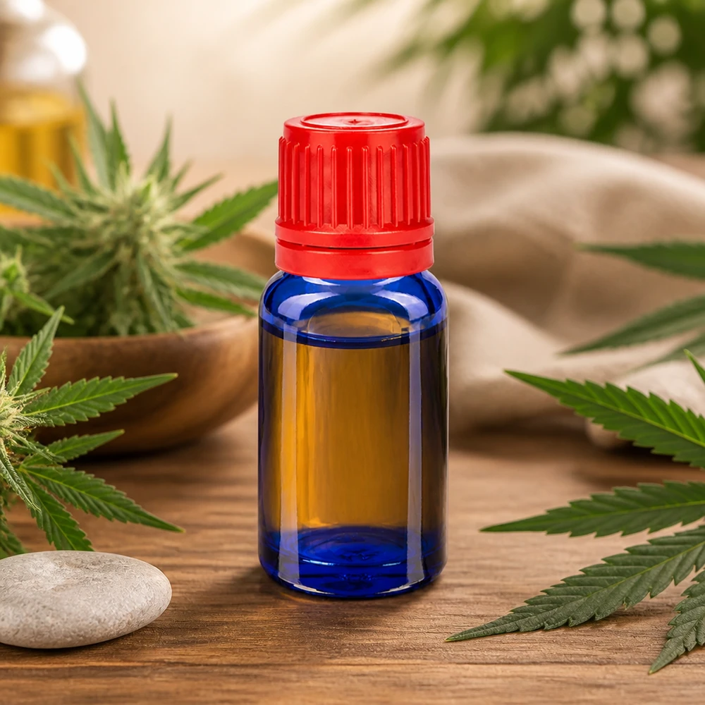 Frasco de vidrio BlueLine de 10 ml con tapón rojo de 11 mm ideal para aceite de CBD y cosmética natural