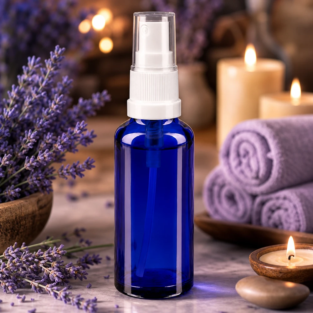 Botella pulverizadora de vidrio borosilicato azul de 10 ml con dosificador blanco, decorada con flores de lavanda