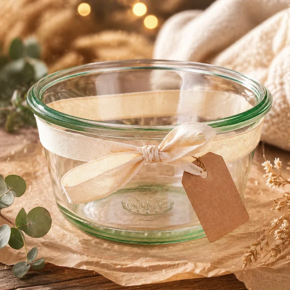 Tarro gourmet 290ml WECK RR100 WECK RR100 290ml Gourmetglas dekorativ mit Schleifenband und Anhänger als Geschenkidee auf natürlich gedecktem Tisch