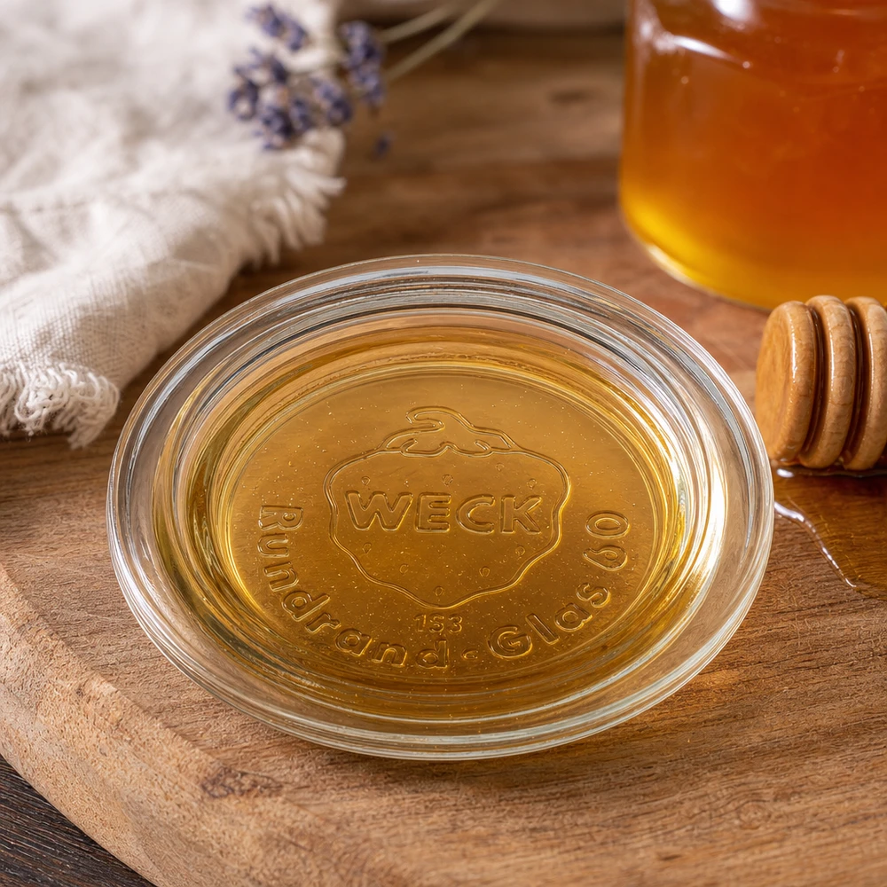 Tapa para tarro WECK RR60 Tapa de cristal WECK RR60 Detalle con el logotipo de la marca en relieve y miel en la superficie de madera Estilo de vida Fotografía del producto