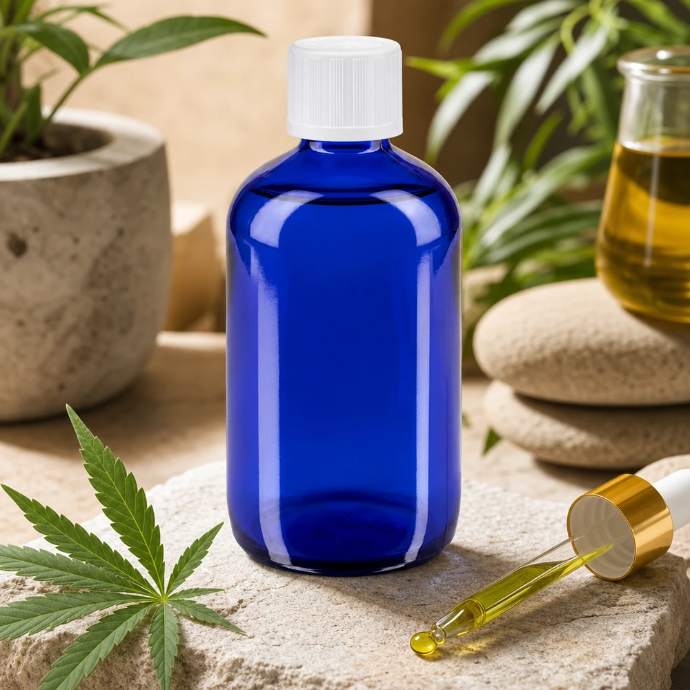 Botella de farmacia azul 100ml tapón cuentagotas blanco a prueba de niños estándar Frasco de farmacia azul de 100 ml con una hoja de CBD y un gotero dorado para productos naturales
