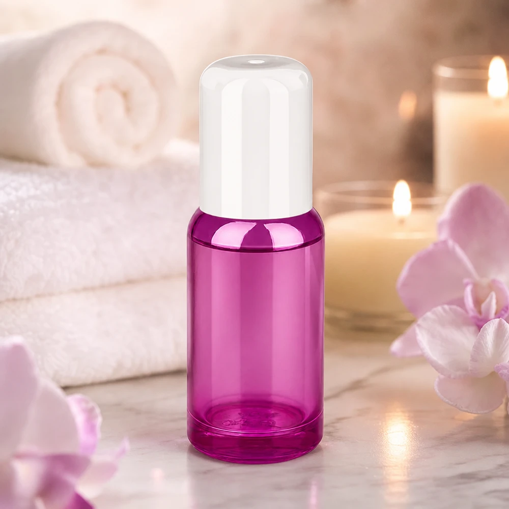 Frasco roll-on de 20 ml de vidrio de alta calidad en color púrpura transparente con práctico tapón