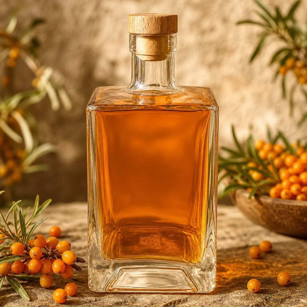 Botella de vidrio de 700 ml «Ben» con tapón de corcho con asa de madera UNiTWIST® 700ml botella de vidrio Ben llena de licor de espino amarillo naranja entre bayas de espino amarillo decoración natural UNiTWIST Ho