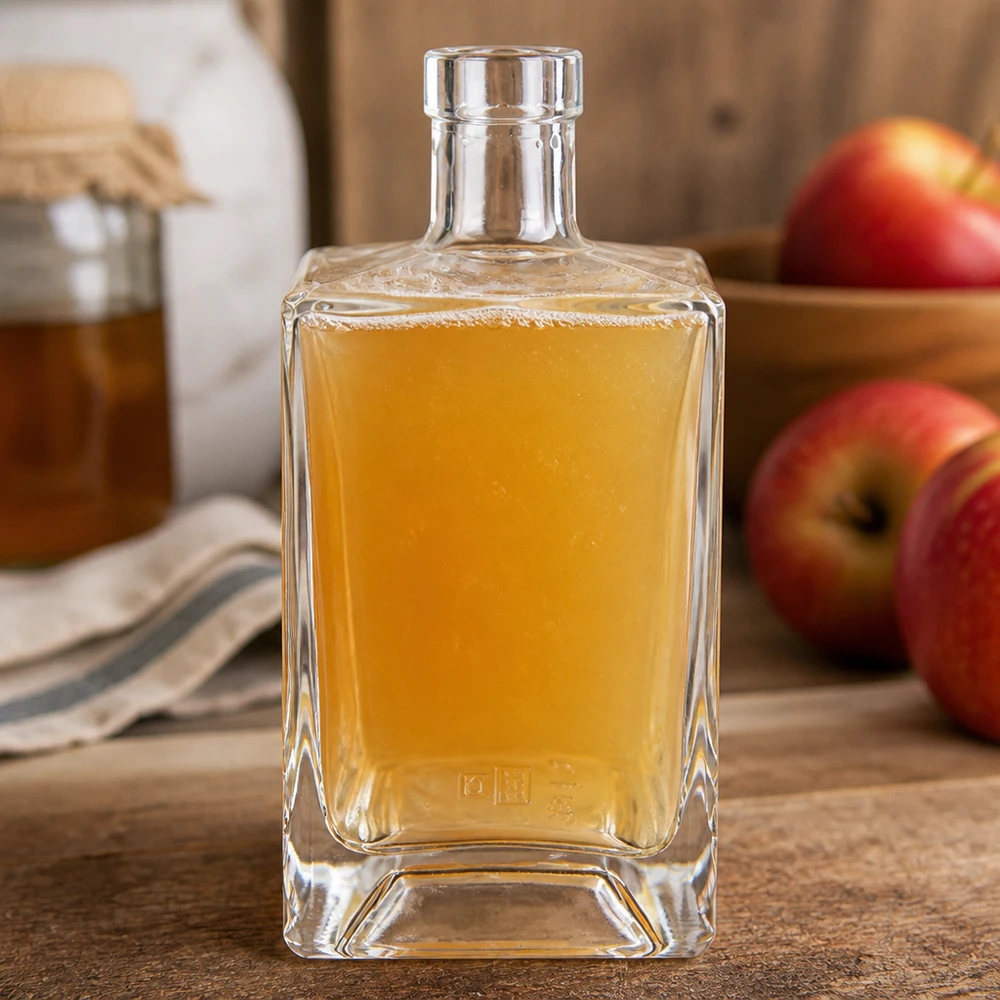Botella de vidrio de 700 ml «Ben» sin tapón UNiTWIST® Botella de cristal de 700ml Ben llena de zumo de manzana junto a manzanas rojas sobre tabla de madera ambiente de cocina natural