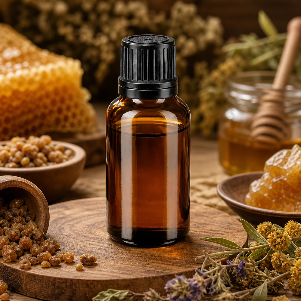 Frasco de cristal de 20 ml de color ámbar con tapón OV negro, rodeado de panales de miel y hierbas medicinales