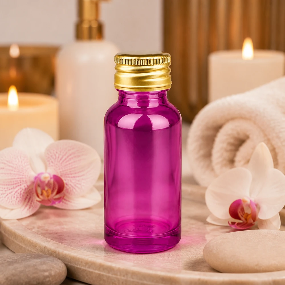 Frasco de vidrio de 20 ml con rosca de 11 mm en color violeta y tapón dorado para aplicaciones de aromaterapia